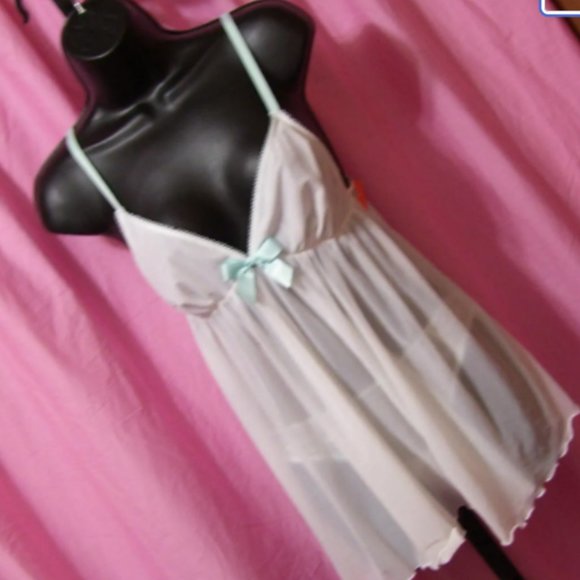 Sheer White Turquoise Trim 2 Pcs Baby Doll Chemise Nightgown Size M NWOT - Picture 2 of 6